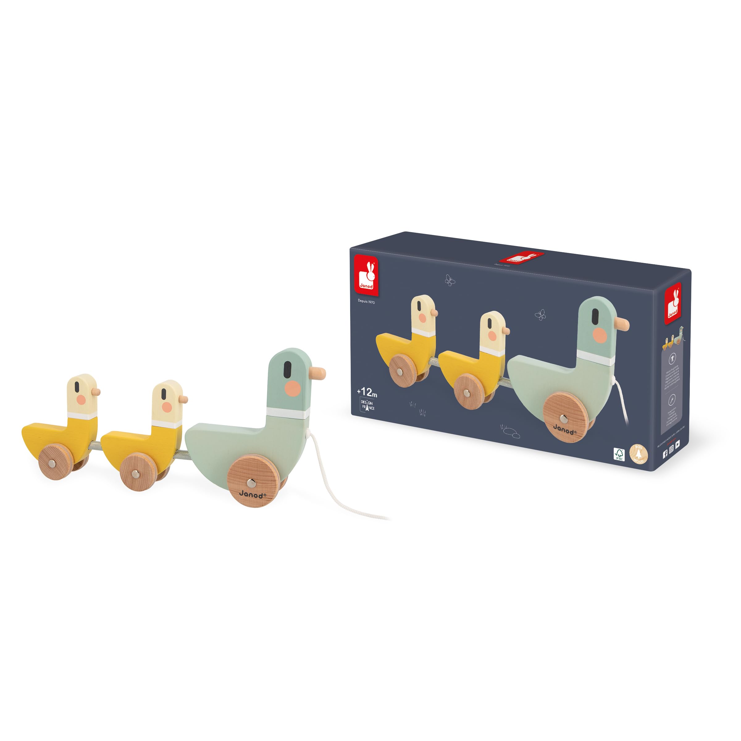 Janod - 3 Canards à Tirer Sweet Cocoon - Jouet d'Éveil - Développe la Motricité - Jouet en Bois FSC et Peinture à l'eau - Dès 12 Mois,J04051