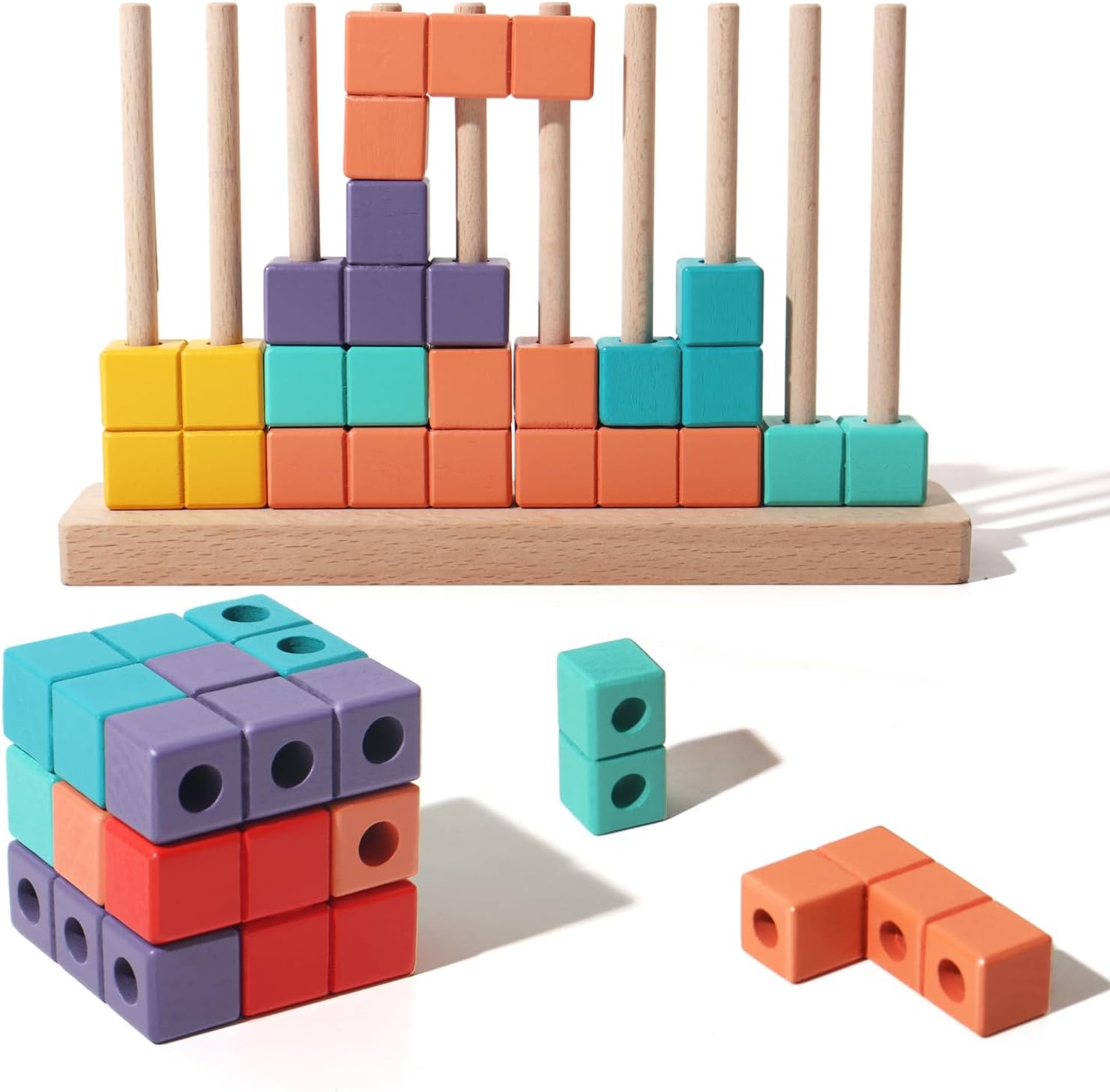 BESTAMTOY Wooden Peg Building Blocks Puzzle - Colorful STEM Spatial Learning Toy with Base & Pegs for Kids Brain Teasers