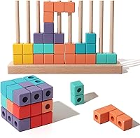 BESTAMTOY Wooden Peg Building Blocks Puzzle - Colorful STEM Spatial Learning Toy with Base & Pegs for Kids Brain Teasers