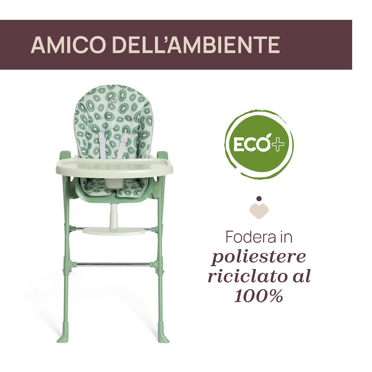 Chicco Polly Essential Seggiolone Pappa Evolutivo per Bambini da 0 Mesi a 15 KG, Reclinabile in 3 posizioni, 7 Livelli di altezza, Chiusura Compatta, Tessuto in poliestere riciclato, Verde