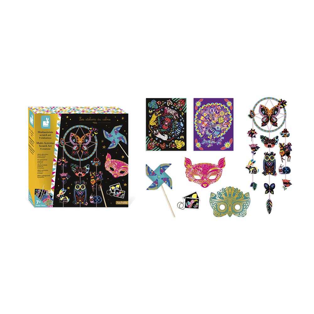 Janod - Pudełko wielofunkcyjne Scratch Art - 8 osiągnięć - Mapy do drapania - The Calme Warsztaty - Zestaw kreatywny wypoczynek dla dzieci - Zręczność i koncentracja - od 7 lat, J07993