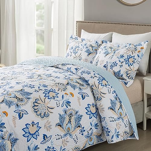NEWLAKE Cotton Bedspread Quilt Sets-Reversible Patchwork Coverlet Set, Gorgeous Floral Pattern, King Size