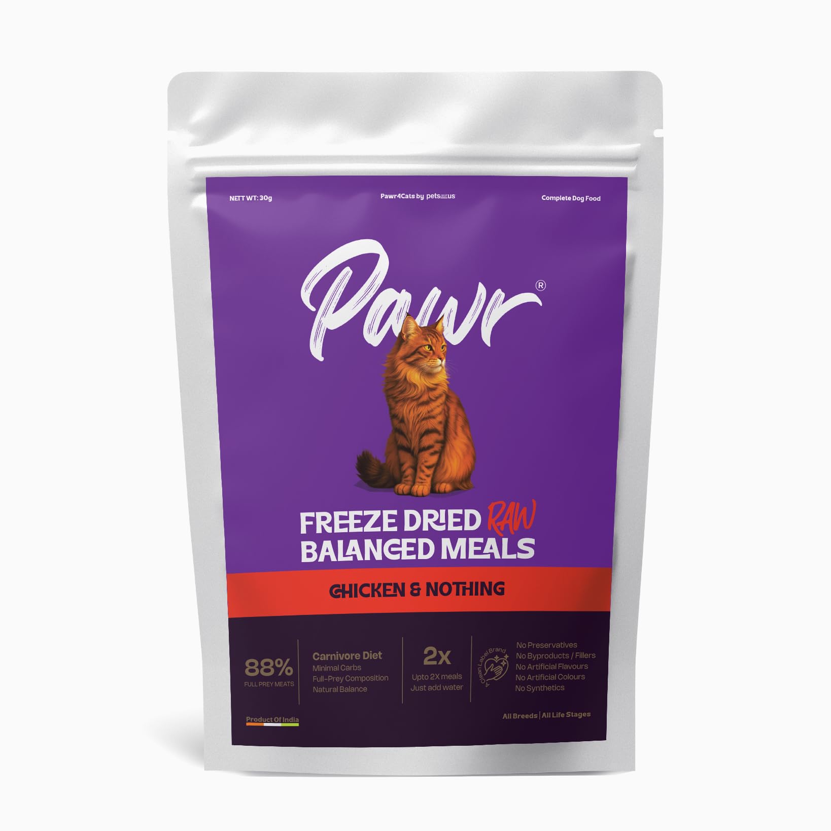 Pawr4Cats | Freeze-Dried Balanced Meals | Chicken & Nothing | Bio-Appropriate and Raw Nutrition | High Protein - Low Carb Recipe | Makes 2X Meals by Adding Water | 30gms X 6 Packs