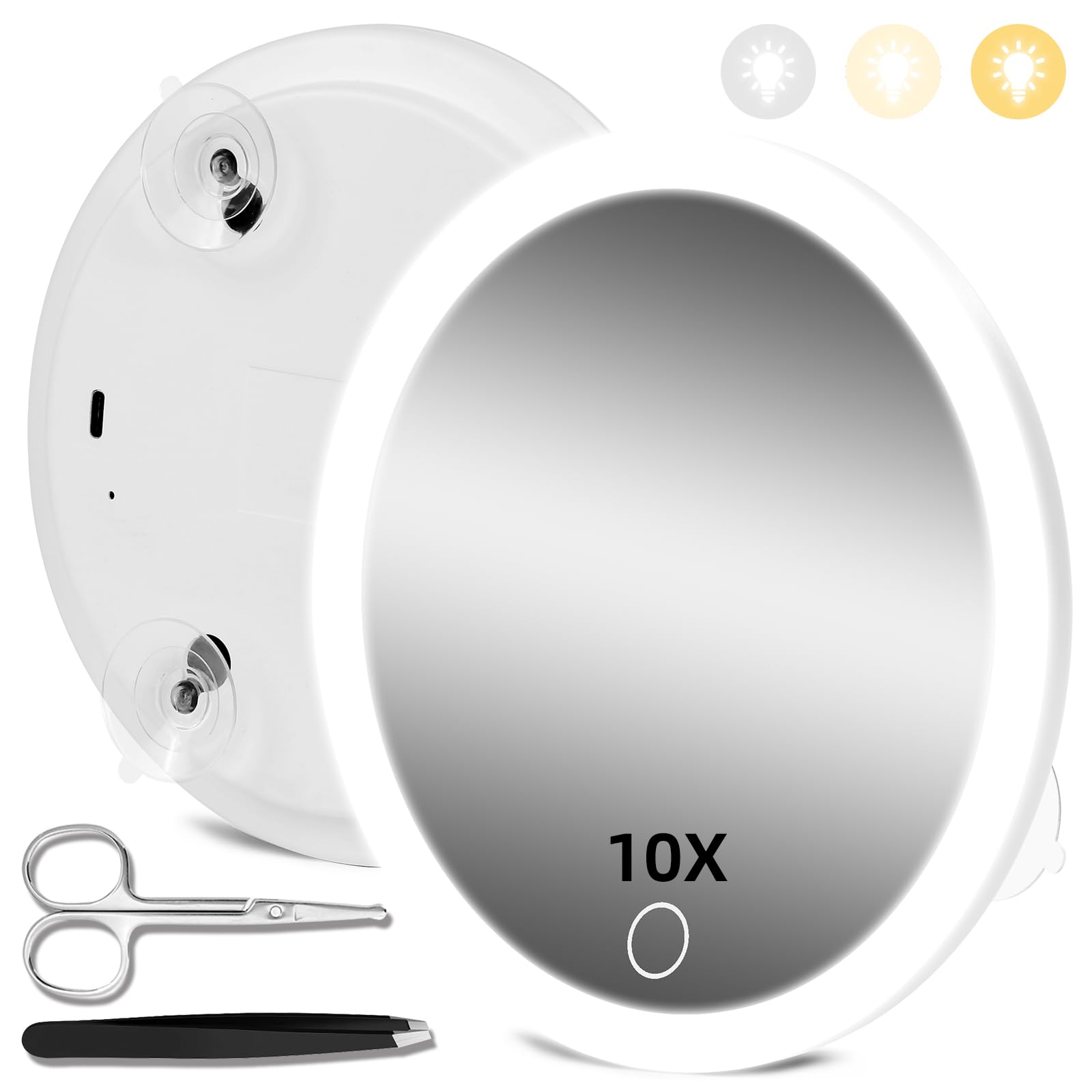 JJhxr 10X Magnifying Mirror with Lights, 10X Magnified Mirror with 3 Color Lights Adjustable Brightness, Rechargeable 6inch Travel Magnification with