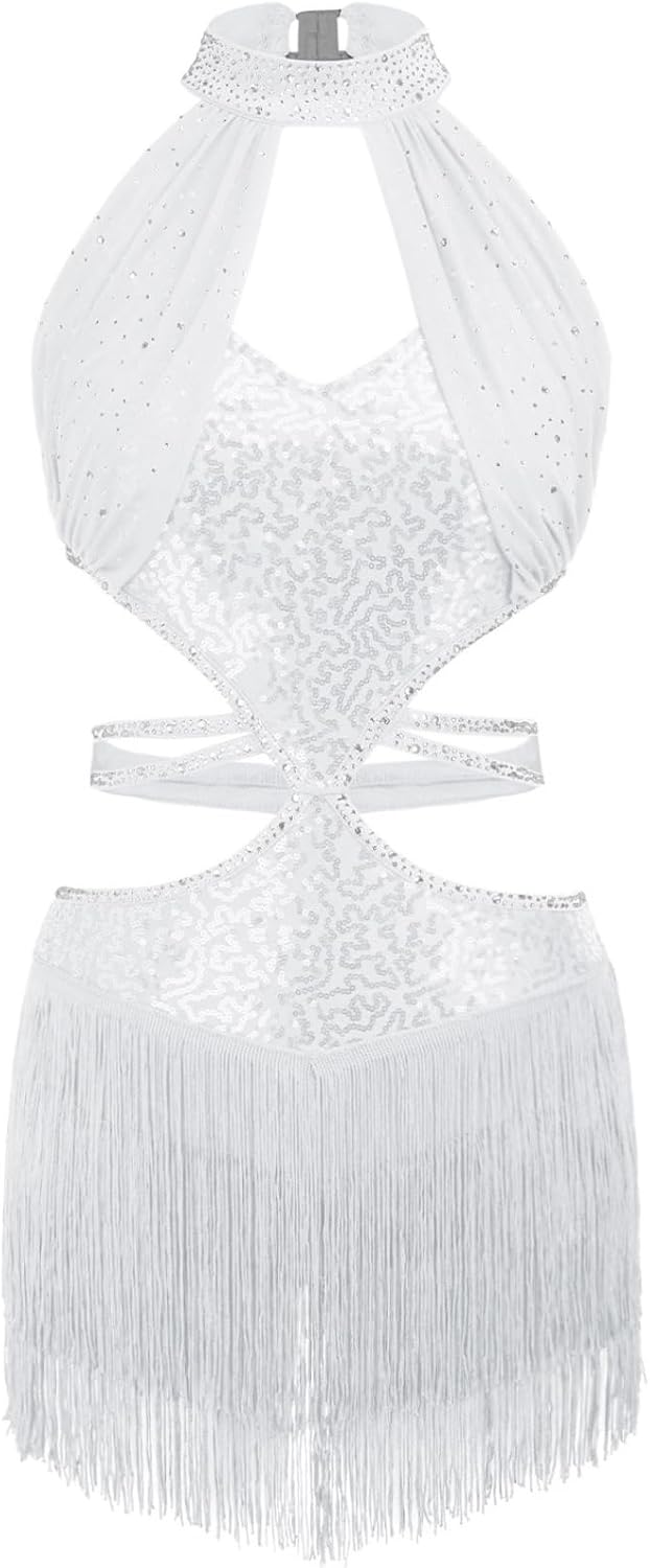Latin Dance Costume for Women Sequin Cutout Back Sleeveless Tassel Leotard Dress Dancewear