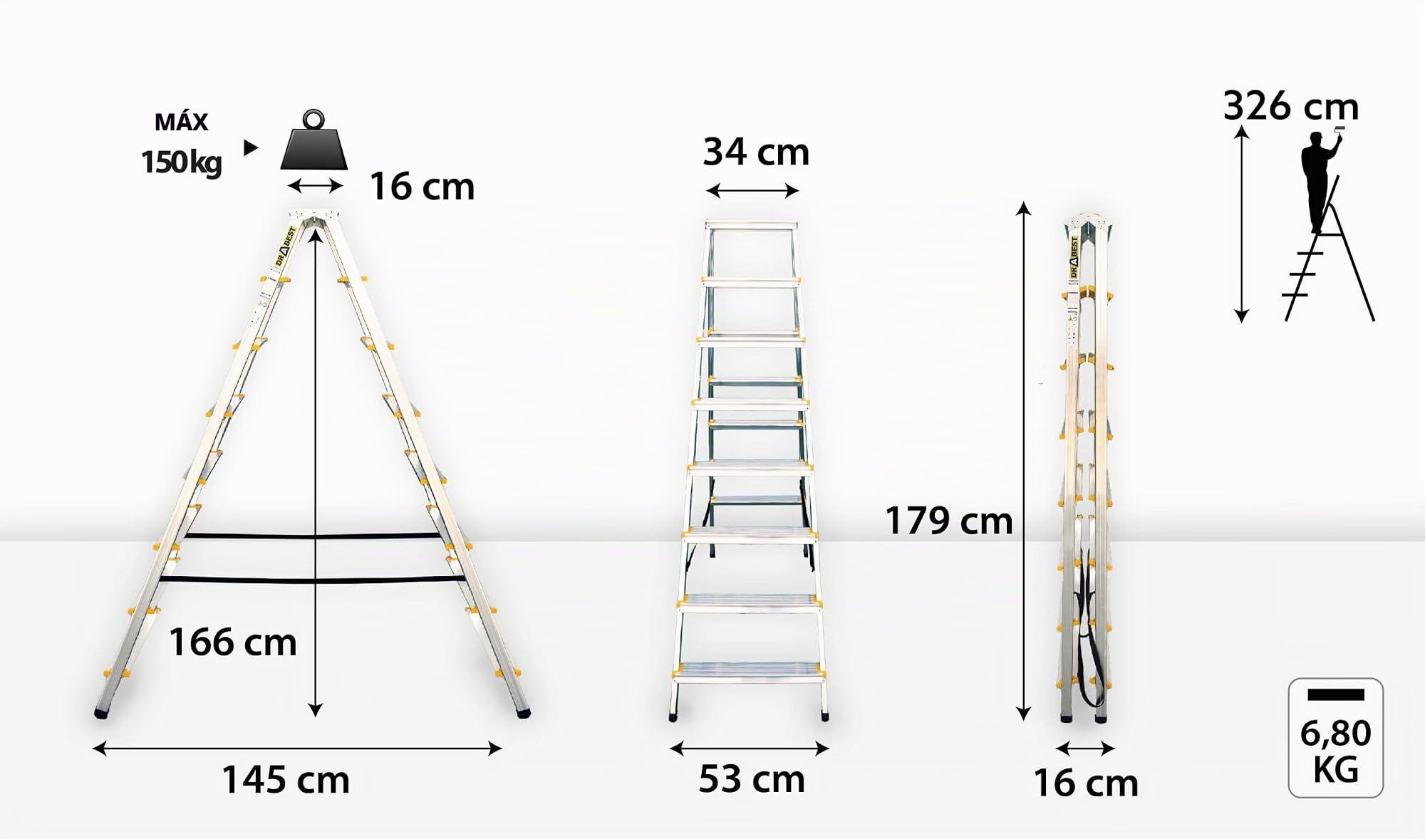 DRABEST Escalera de Tijera Serie Pro Escalera Plegable de Aluminio 8 peldaños, por Ambos Lados, cargable hasta 150 kg Certificado TÜV