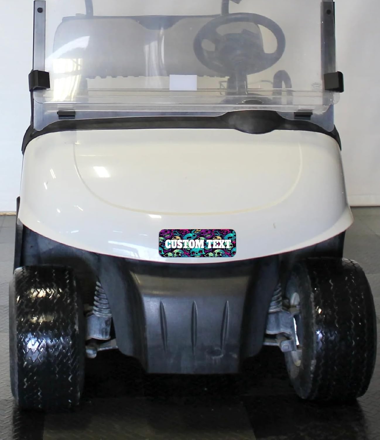 Mad Skulls Design E-Z-GO Golf Cart Front Name Plate. Fits EZGO 2008-2022 RXV TXT Valor Terrain Elite. Custom Made in The USA!! (Mad Skulls W/Custom Text)