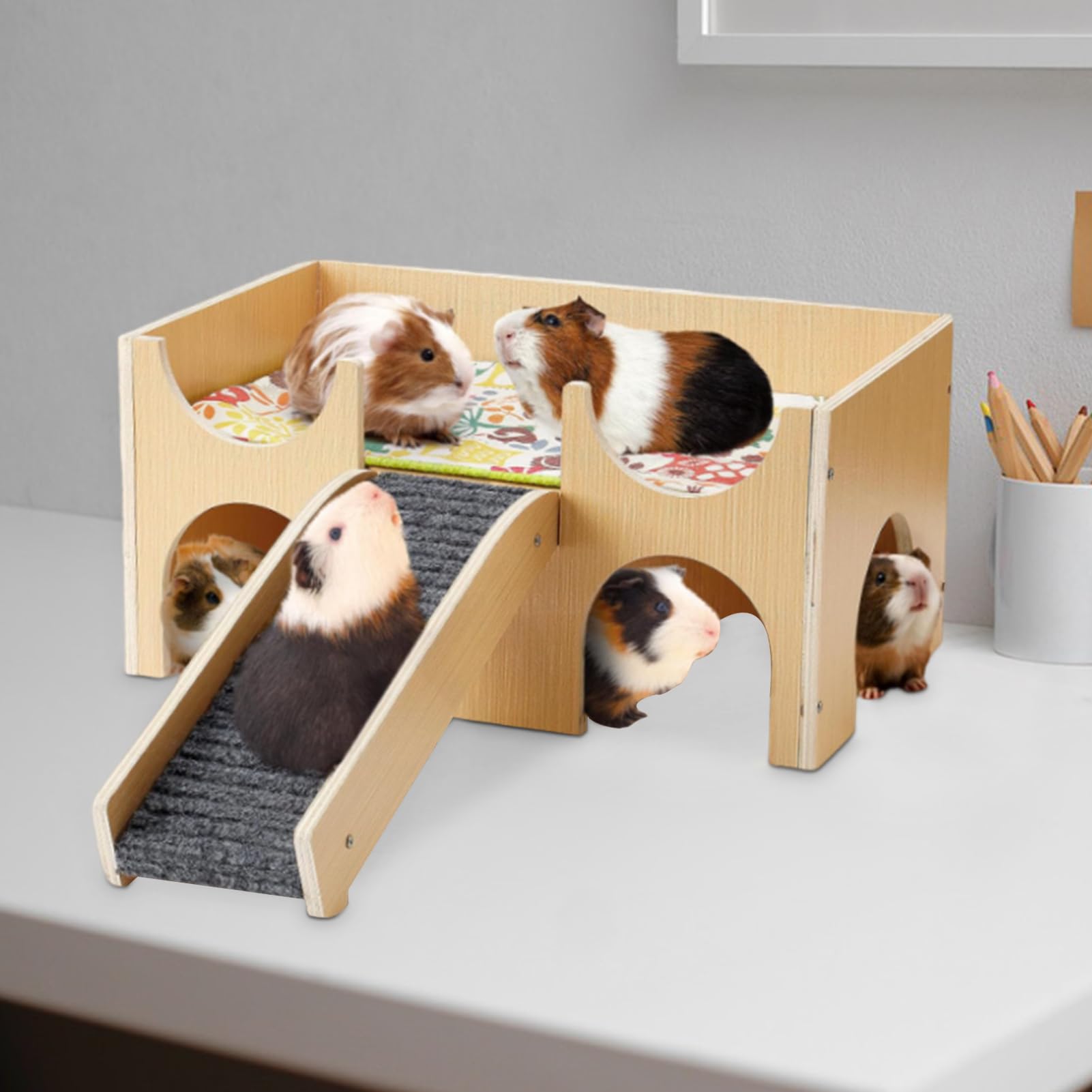 Hábitat para Roedores Casa de Madera de Dos Pisos Desmontable | Pequeño Hogar para Ratones y Garbancillos para Anidar, Dormir, Jugar, Enriquecimiento, Cría, Conejillos de Indias y Erizos