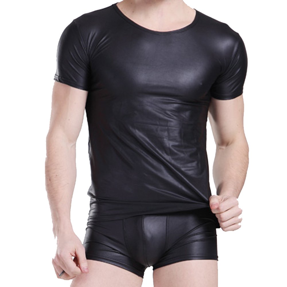JJ Store Mens Black Wet Look Short T-Shirt Faux Leather Nightwear Tops Undershirt