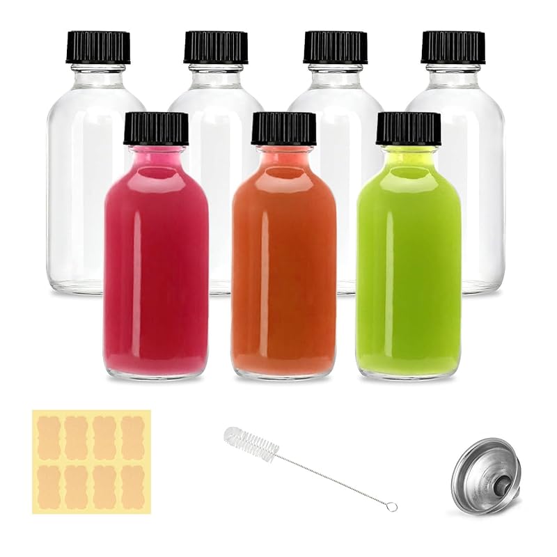Frascos pequenos de vidro transparente com tampas LANBEAUTIFY, 7 unidades, 60 mL, com funis, etiquetas e escova (7Pack-Clear)
