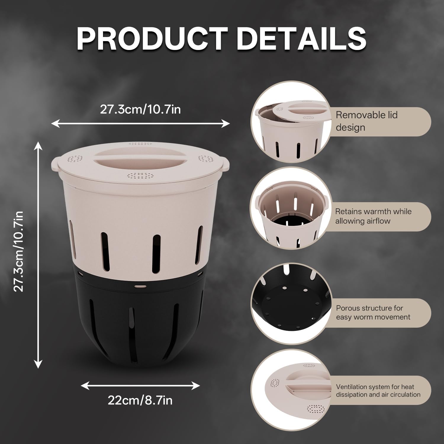 Inground Worm Composter, Outdoor Underground Worm Farm 3.3 Gallons, Garden Worm Compost Bin from Kitchen Food Waste, Black+Gray (10.7x10.7x13Inch)