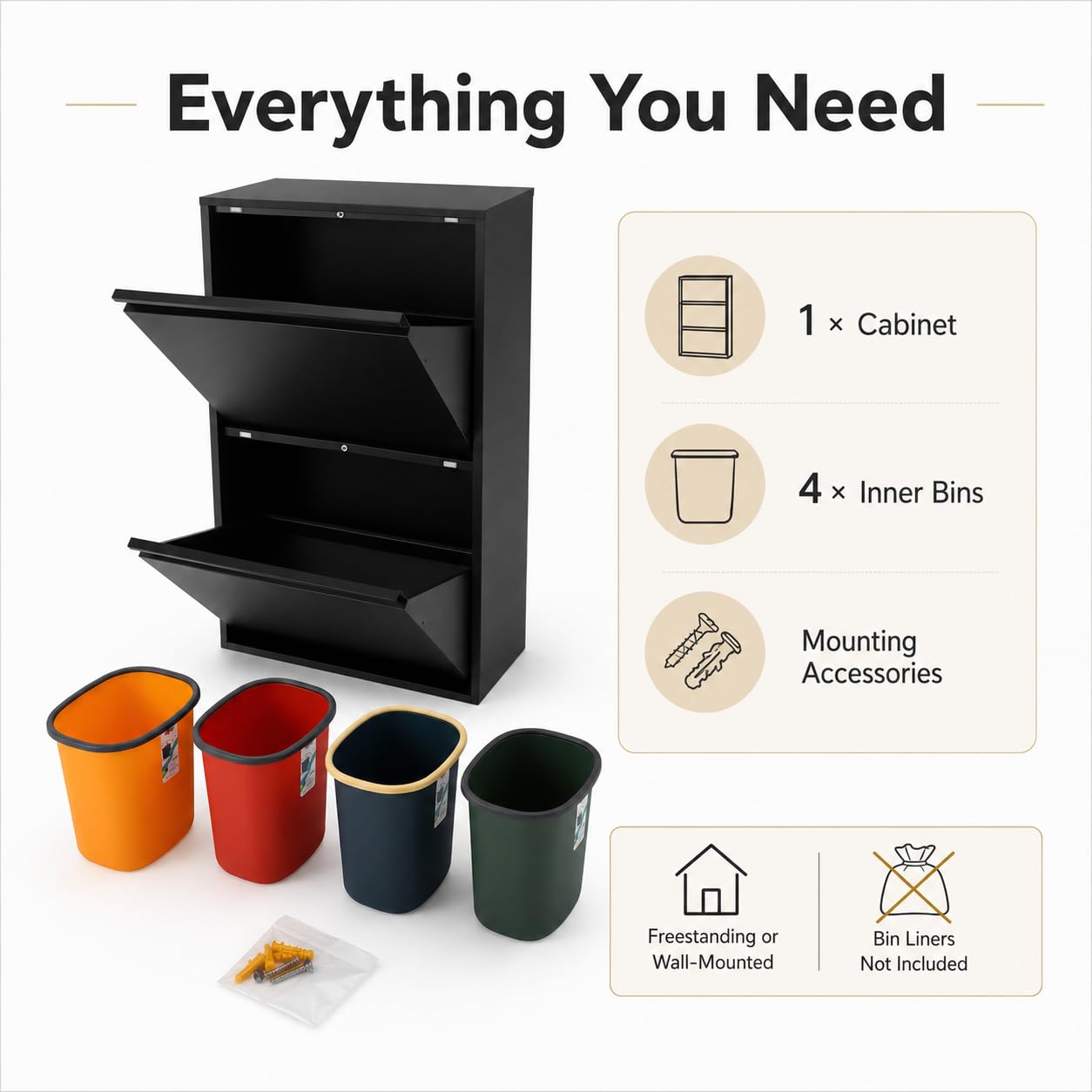 Sistema di raccolta differenziata con 4 contenitori da 15 l, pattumiera da cucina con armadio (nero) | 56 x 24,5 x 91 cm, acciaio laminato a freddo, 4 contenitori da 15 l, montaggio a parete, per cucina, ufficio, commercio