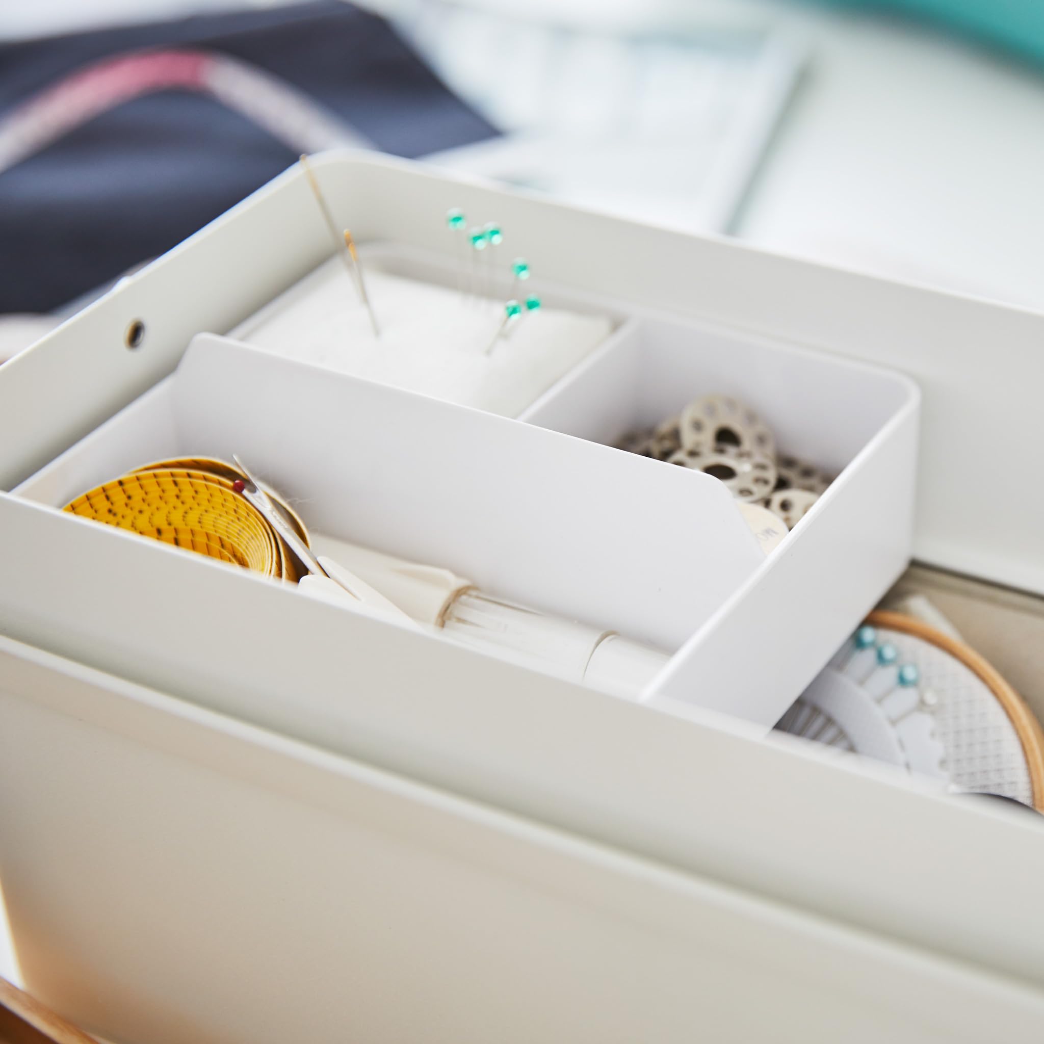Yamazaki 5060 TOWER Sewing Box, white, Steel/Wood/ABS Resin/Cotton/Polyester, 27 x 14 x 13.5 cm