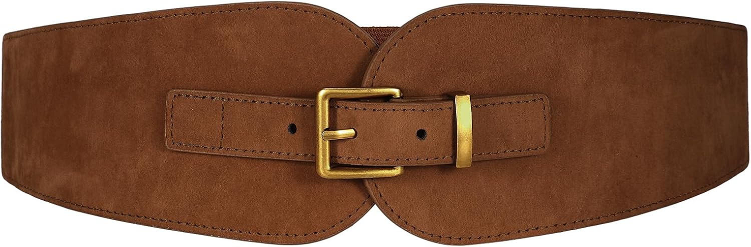 VONMELLI Wide Elastic Belt for Women Dress Suits Suede Stretchy Belt with Vinatge Gold Buckle