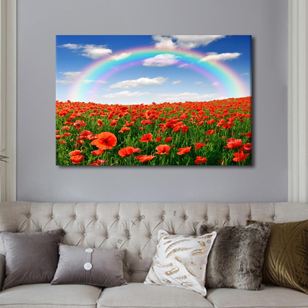 TISHIRON 1 Piece Rainbow Wall Art Decor Canvas Prints Wall Art Poppy Wall Decor Modern Wall Art Framed Flowers Art Wall Office Room Decor Family Wall Decor Artwork Hanging - Image 4