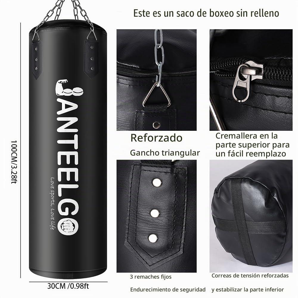 Saco de Boxeo Sospeso e Saco Boxeo Adulto Sin Relleno JanTeelGO 100 cm Materiale PU con Catena di Montaggio e Gancio a Soffitto Uomo Donna Adolescenti Bambino MMA Kick Boxing Muay Thai Karate