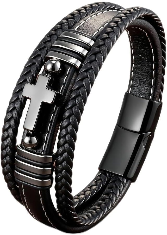 Cross Leather Bracelet, For Men Multilayer Braided Memorial Wristband Bangle Stainless Steel Buckle Religious Activities Holiday Gifts