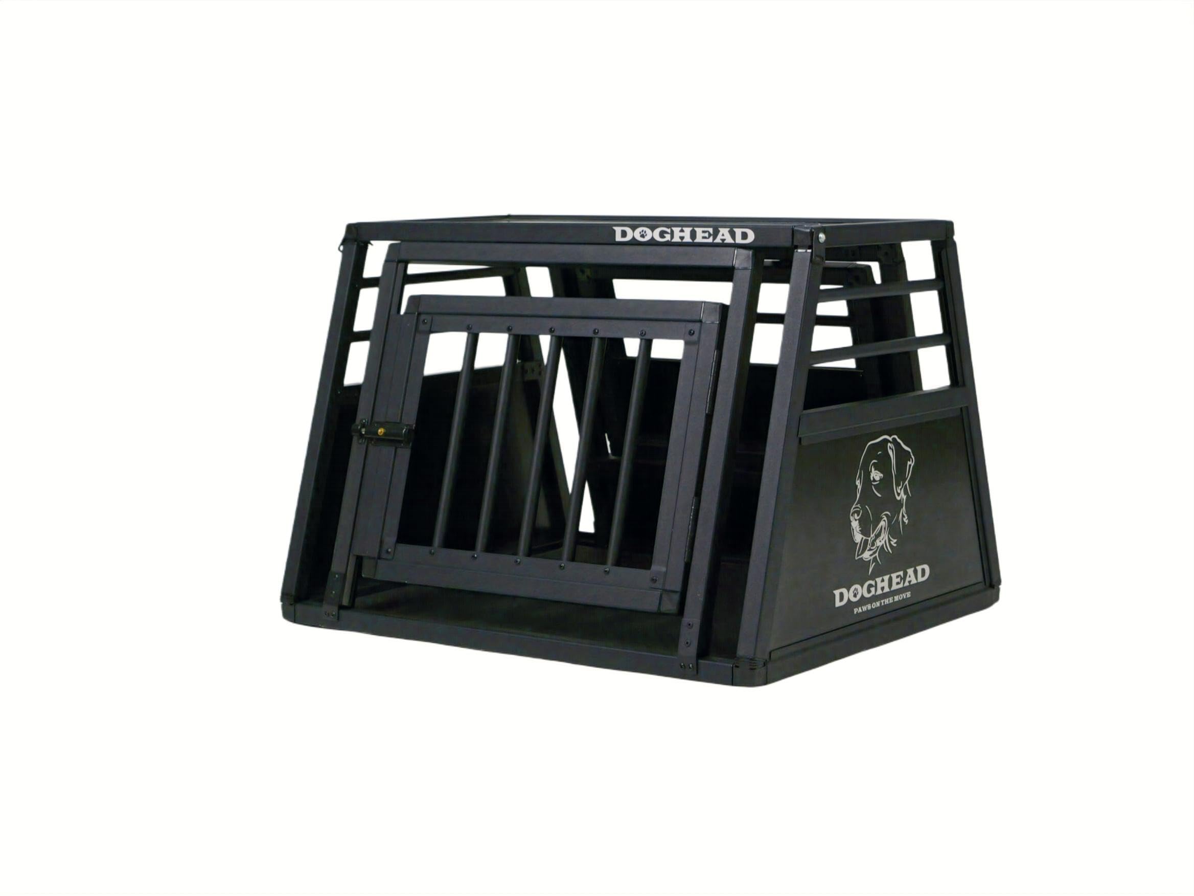 DOGHEAD Hundetransportbox Proline, Single 70x60x50 cm, Schwarz, Aluminium, Beidseitig Abgeschrägt 75°, mit Notausstieg