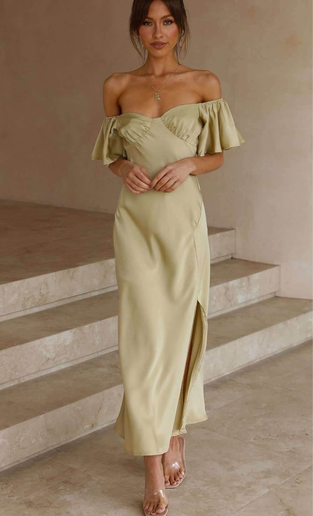 Vestido formal de satén con hombros descubiertos para mujer, elegante, manga de mariposa, vestido midi de cóctel con abertura para fiesta de graduación