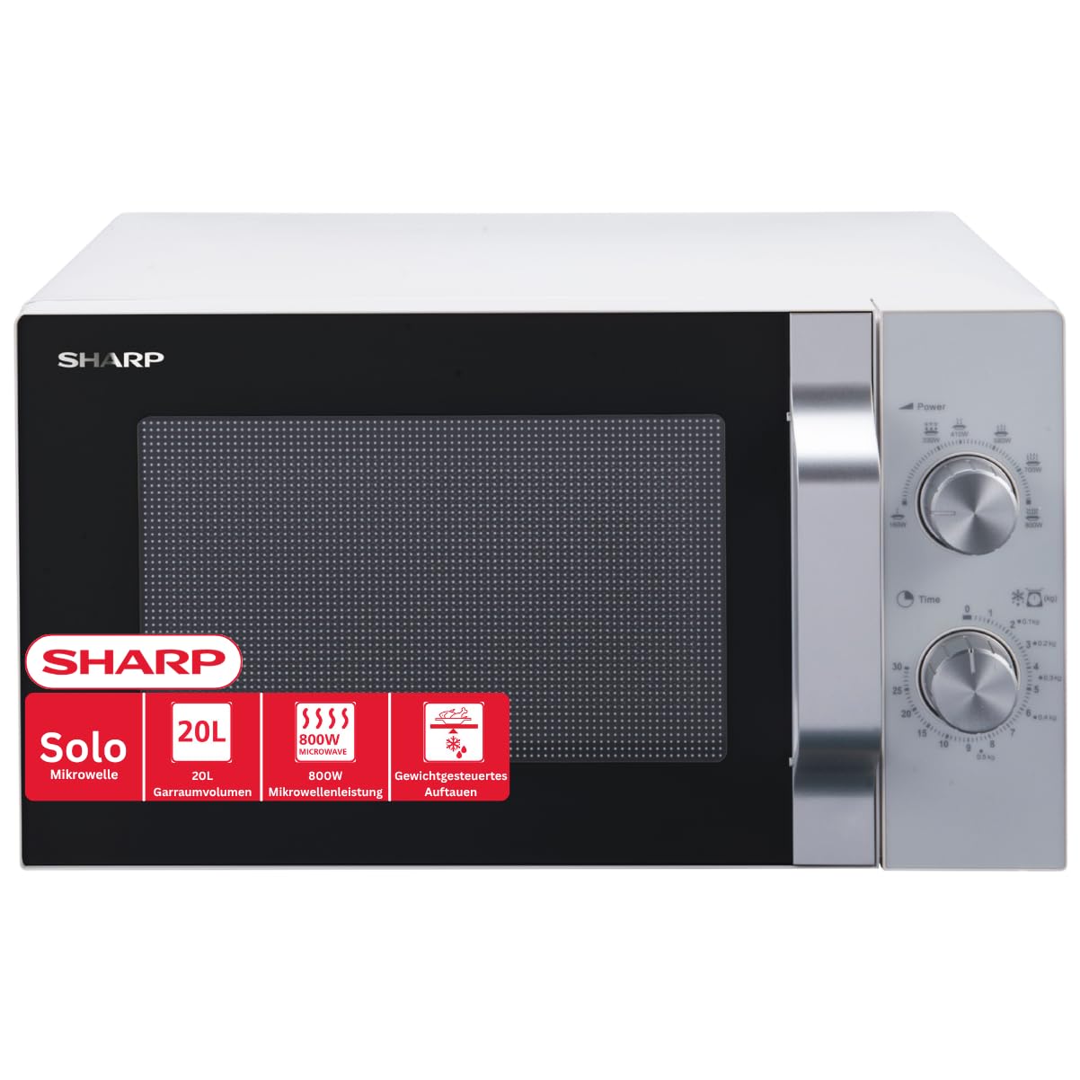 Sharp R204WA Micro-ondes Solo, 20 L, 800 W, 6 niveaux de puissance, minuterie de 30 minutes à 00 secondes, blanc