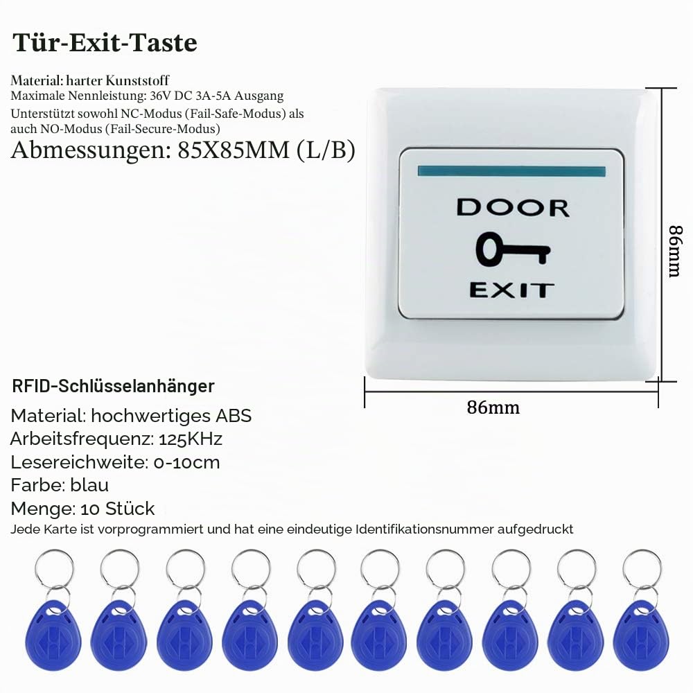 Kit Vollzugriffskontrollsystem mit elektrischem Magnetschloss + RFID Tastatur + Netzteil + 10 teiligen RFID Schlüsselanhänger (with Strike Lock)