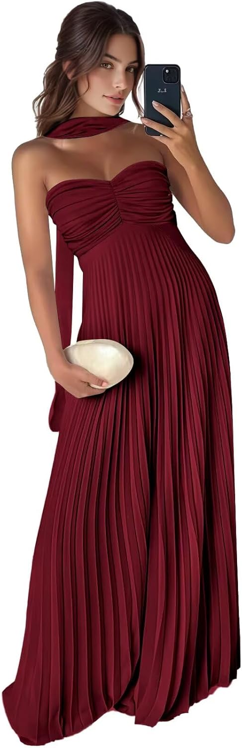 RunaCelle Strapless Satin Bridesmaid Dresses for Women with Scarf Sleeveless A Line Pleated Maxi Formal Evening Dress