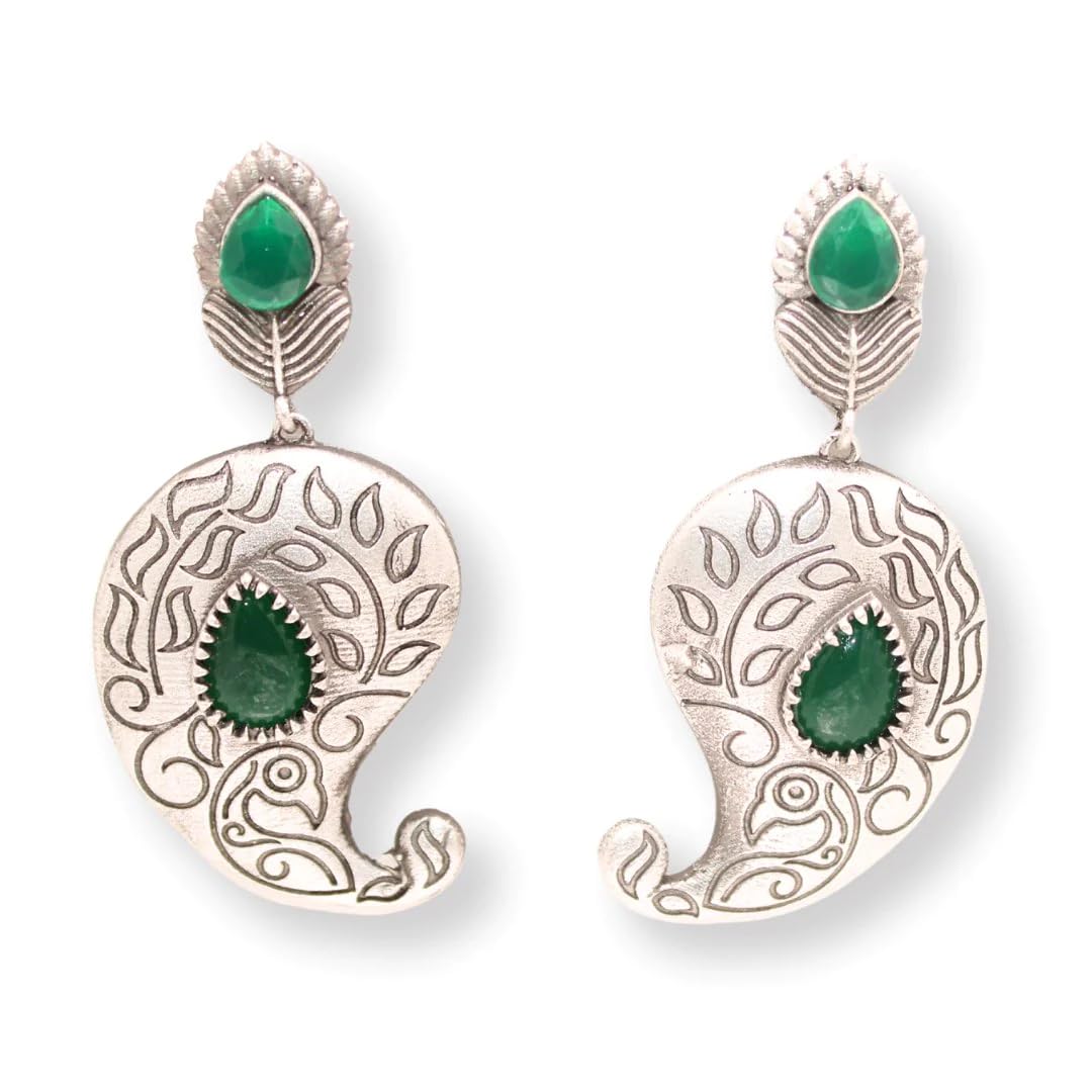 NavraeeSILVER LOOK ALIKE KUNJ KALI EARRING-GREEN