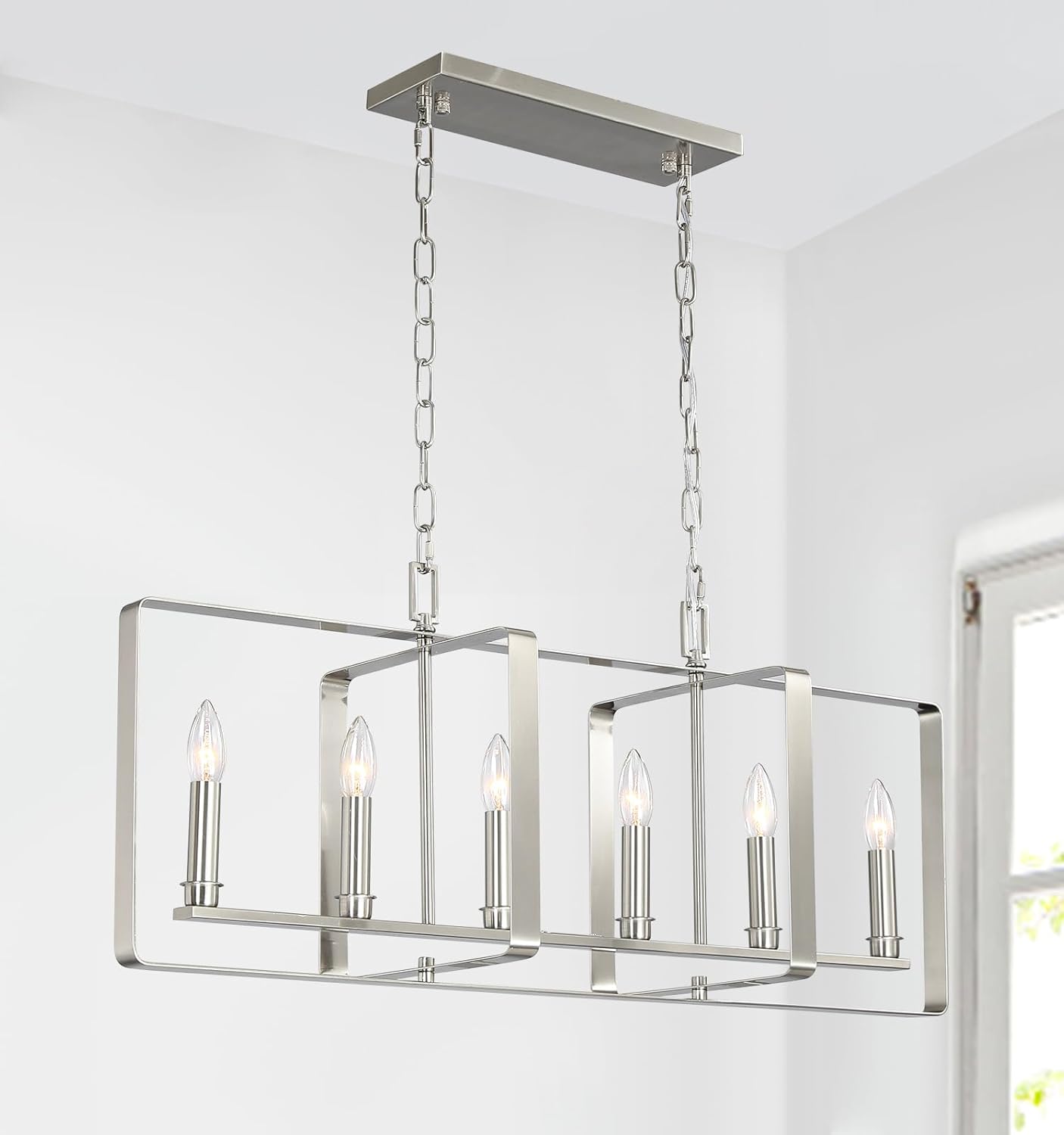 6-Light Nickel Island Light, No Installation Required, Foldable Square Frame with E12/Candelabra Base, Modern Kitchen Island Lighting for Dining Room, Bar Counter