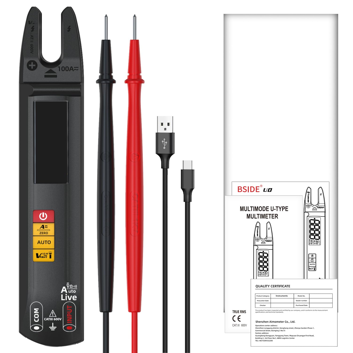 BSIDE U0 Multimètre Numérique Intelligent avec Pince Ampèremétrique Ouverte et Détecteur de Tension Sans Contact Mini Testeur Automatique Rechargeable de Courant/Tension AC DC Résistance Continuité