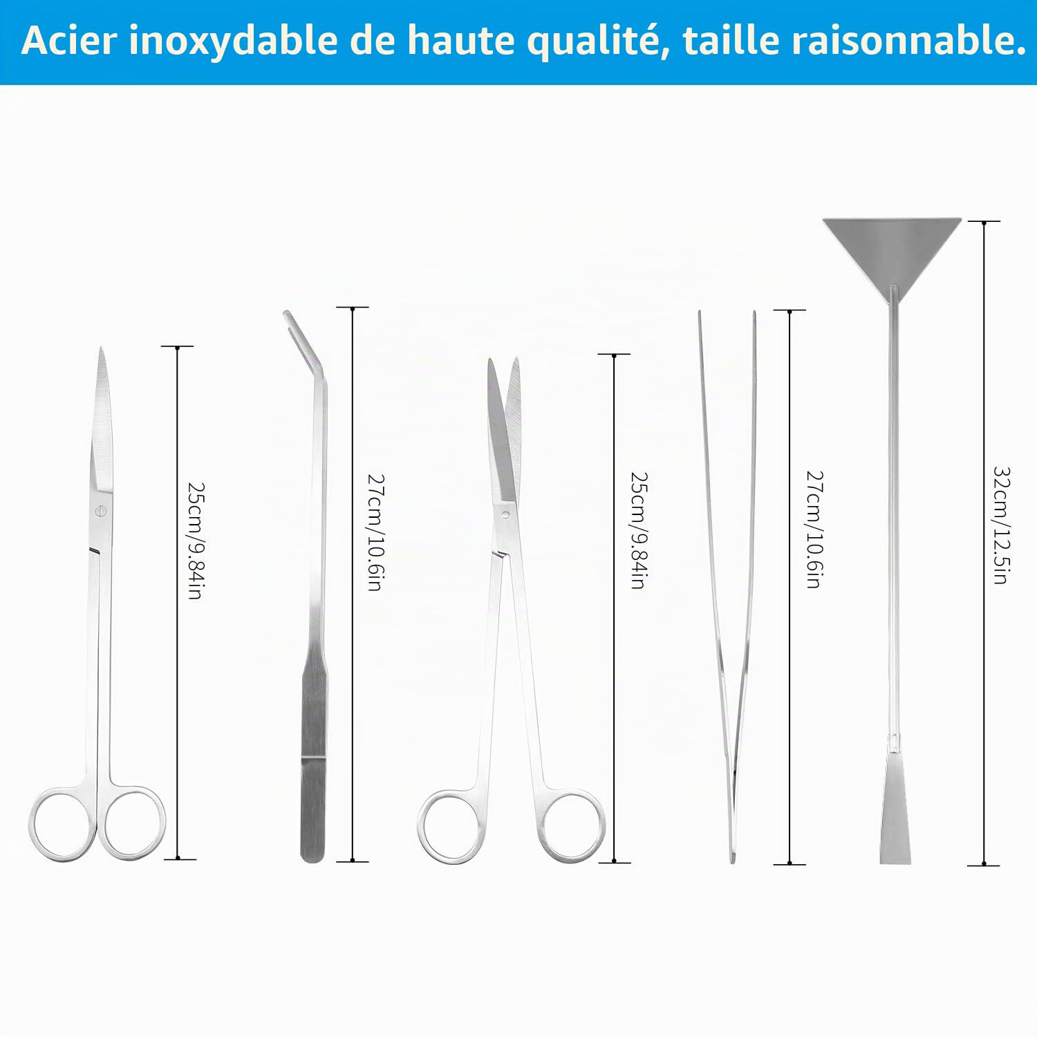 PETTOM Outil Aquarium 5 Pièces en Acier Inoxydable, Kits pour Aquariophile Débutant, Entretien Aquarium avec Plante (2 Ciseaux, 2 Pinces, 1 Pelle)