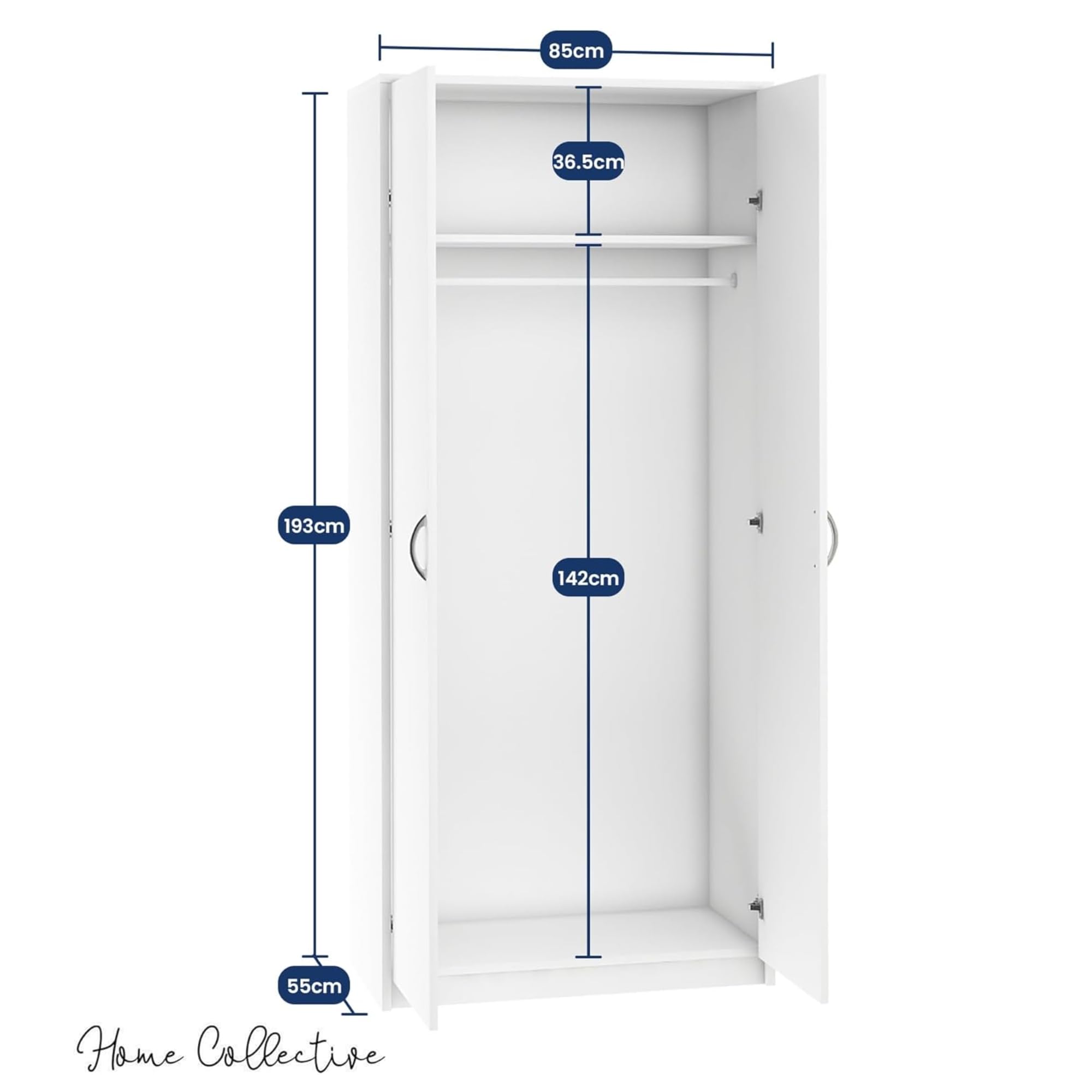 Home Collective Kleiderschrank mit 2 Türen 1 Kleiderstange 1 Einlegeboden Garderobenschrank 85 cm breit Schrank Matte Oberfläche aus laminierter Platte ideal für Schlafzimmer Wohnzimmer Flur Weiß