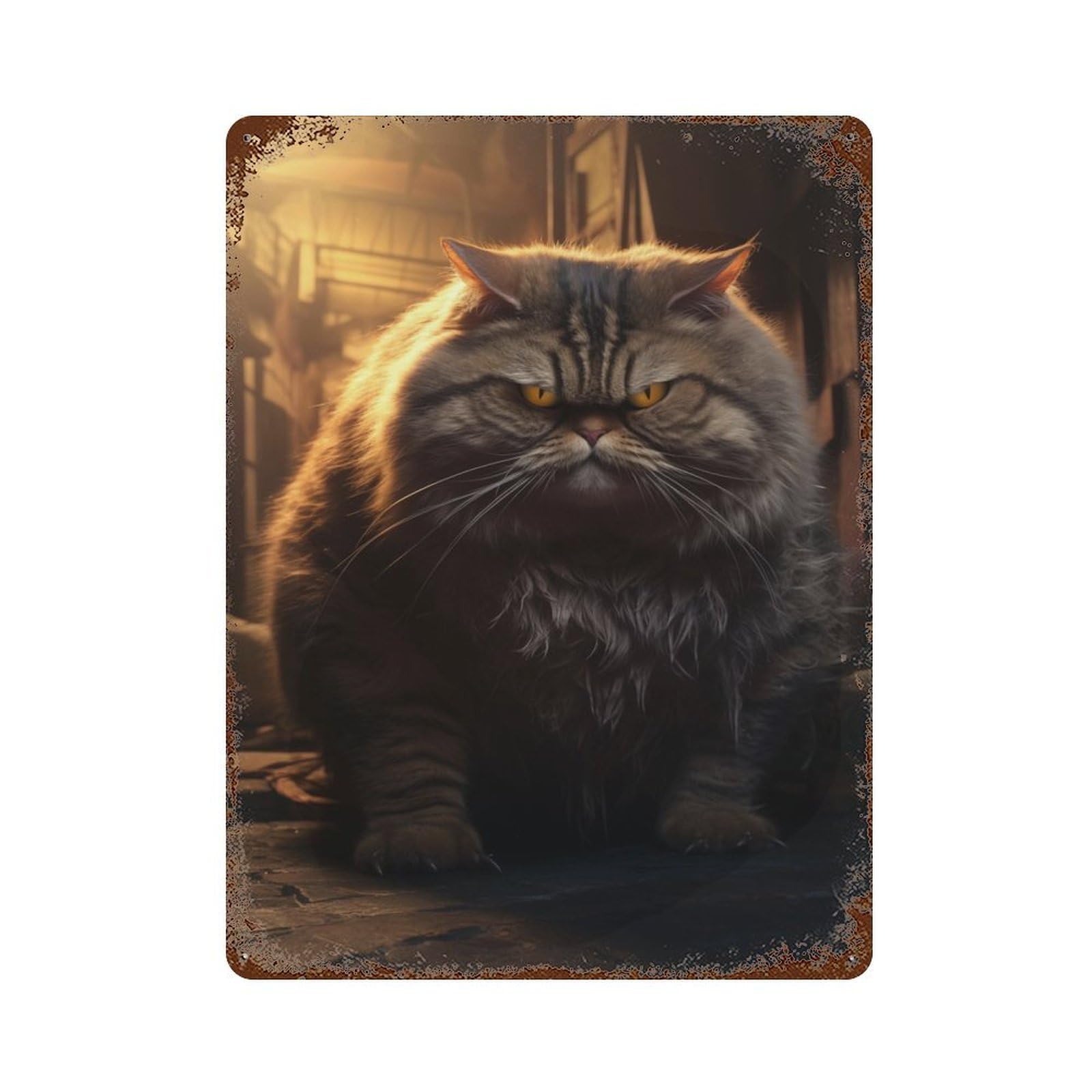 Dark Evil Funny Fat Cat Vintage Wall Sign 15.7"x11.8", Rust Effect Metal Decor for Living Room, Hallway And Home Decor