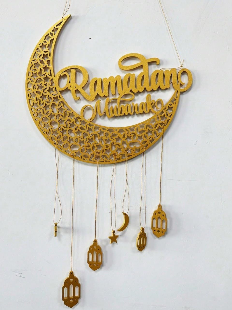 Ramadan Mubarak Wall Hanging Decor, Gold, Crescent Moon with Lanterns, Islamic Theme, Wooden Ramadan Decoration Item|Ramadan Decoration Items for Home Decor - 12.6x10.6 Inch