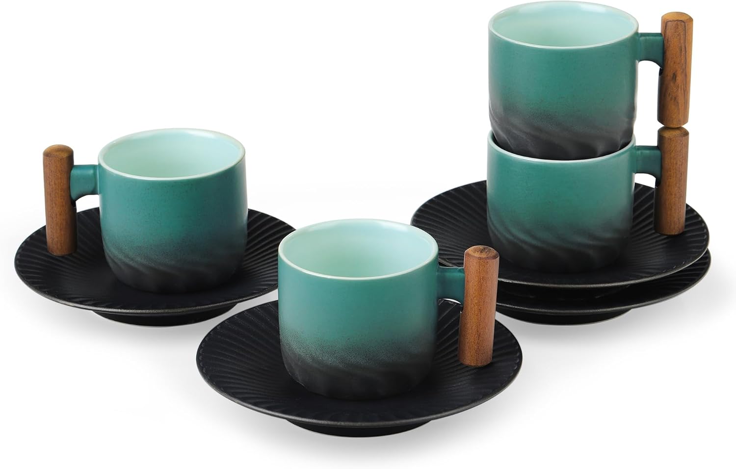 fanquare Handheld Small Ceramic Cups and Saucers 8Pcs Tea Cup Set, Blue Milk Coffee Cup with Wood Handle for Adults, Mini Porcelain Mugs for Sip and Taste, 2.5OZ