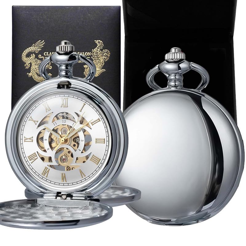 Silver Mechanical Pocket Watch with Chain Retro Smooth Classic Handwind Roman Numerals for Men & Women-image-46