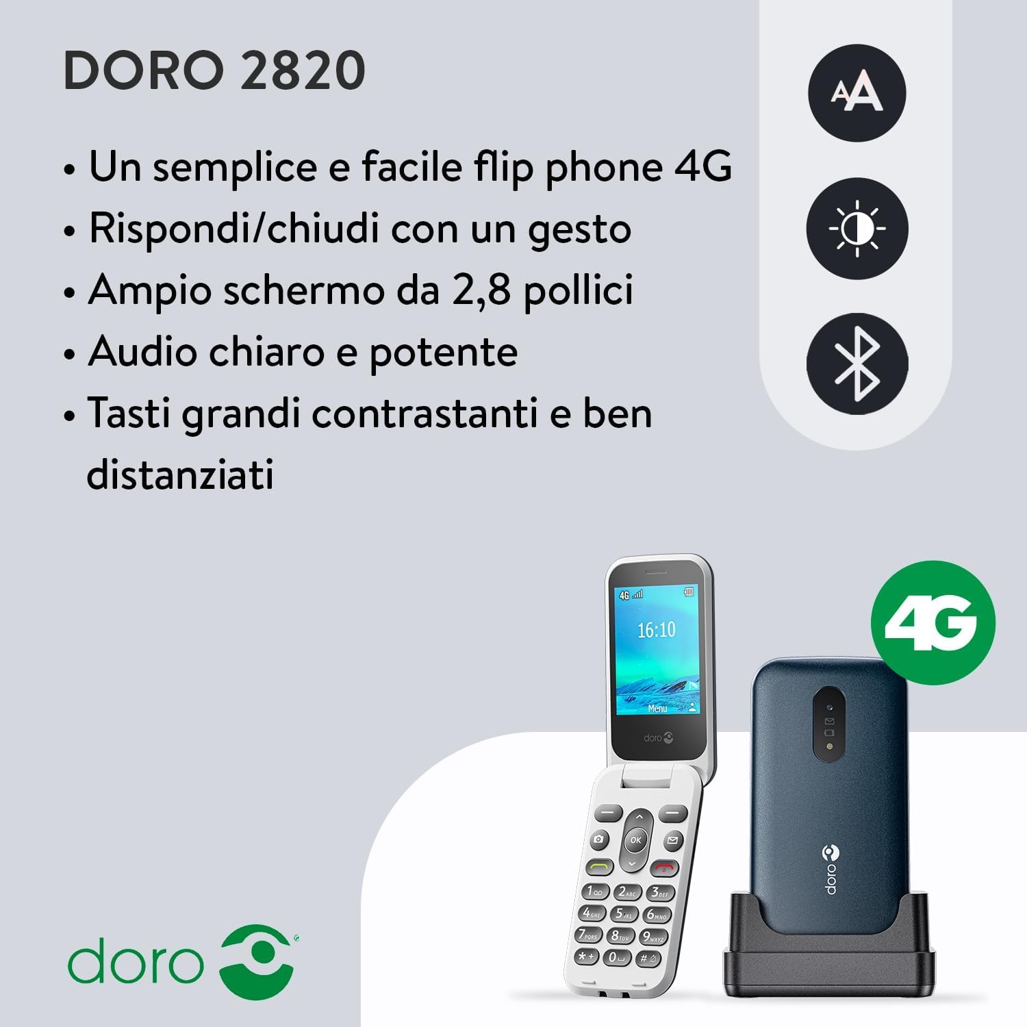DORO - Doro 2820 - Cellulare Per Anziani - Cellulare a Conchiglia 4G sbloccato - Tasti Grandi a Risposta Vocale - Fotocamera - Bluetooth - Tasto Di Assistenza - Base Per Ricarica Inclusa - Blu/Bianco
