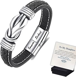 “Mother and Son/Daughter Forever Linked Together" Braided Leather Bracelet, Stainless Steel Inspirational Bracelet, Wristband Bracelet Cuff Bracelet | Mother Gift to Son/Daughter (To My Daughter)