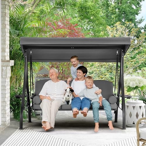 Image of HOMREST 3 Seat Outdoor Porch Swing with 1.5 inch Deepened Cup Holder, Adjustable Canopy, Patio Swing Bed with Stand, Patio Glider Swing with Thicken Cushions, Pillow for Yard, Garden(Grey)