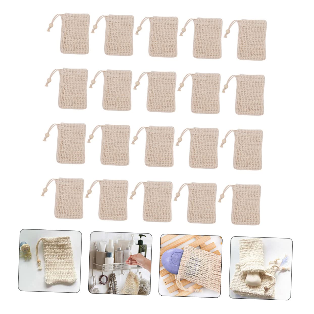 Ipetboom 20pcs Exfoliating Soap Net Bags Cotton Linen Drawstring Pouches for Care and for Travel and