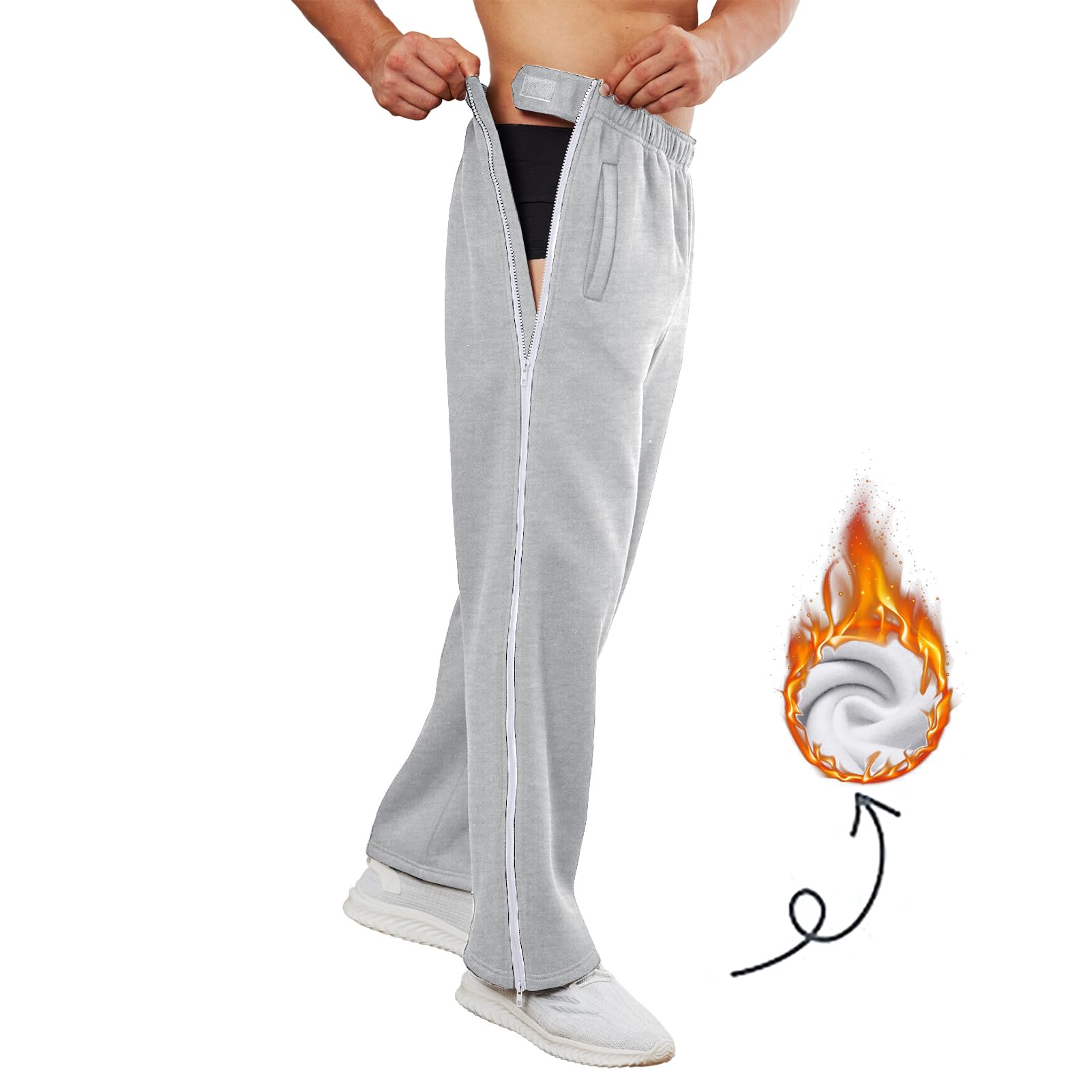 Deyeek Mens Fleece Sweatpants Tear Away Pants 2 Side Zippers Snap Off Full Open Down Sweat Leg Post Surgery Pant with Pockets