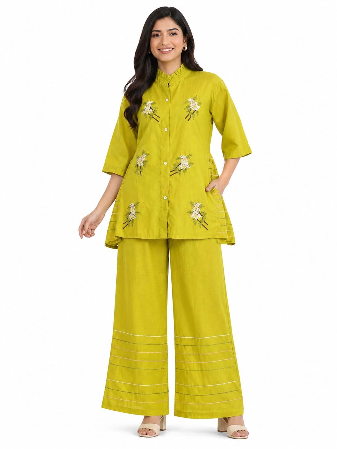 Mul Chanderi Floral Embroidered Co-Ord Set with Inner, Olive Green, Ruffle Neck, Wide-Leg Palazzo, Size XL-image-36