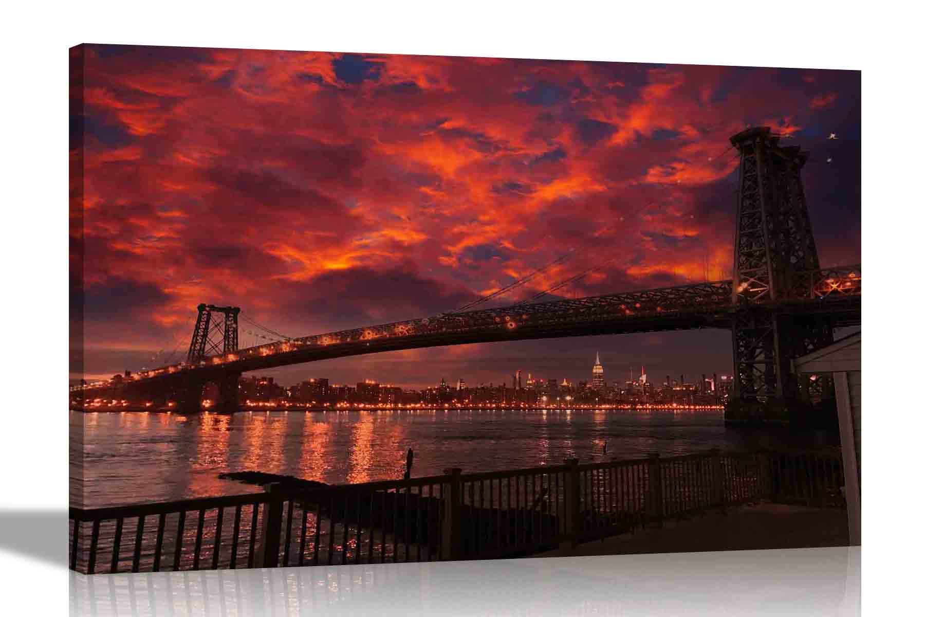 Artley Prints Multicoloured Bridge In New York With Red Sky Canvas Wall Art Pictures Stretched And Framed Home Office Bedroom Prints City Photos 101 X 76Cm (40 X 30 Inches)