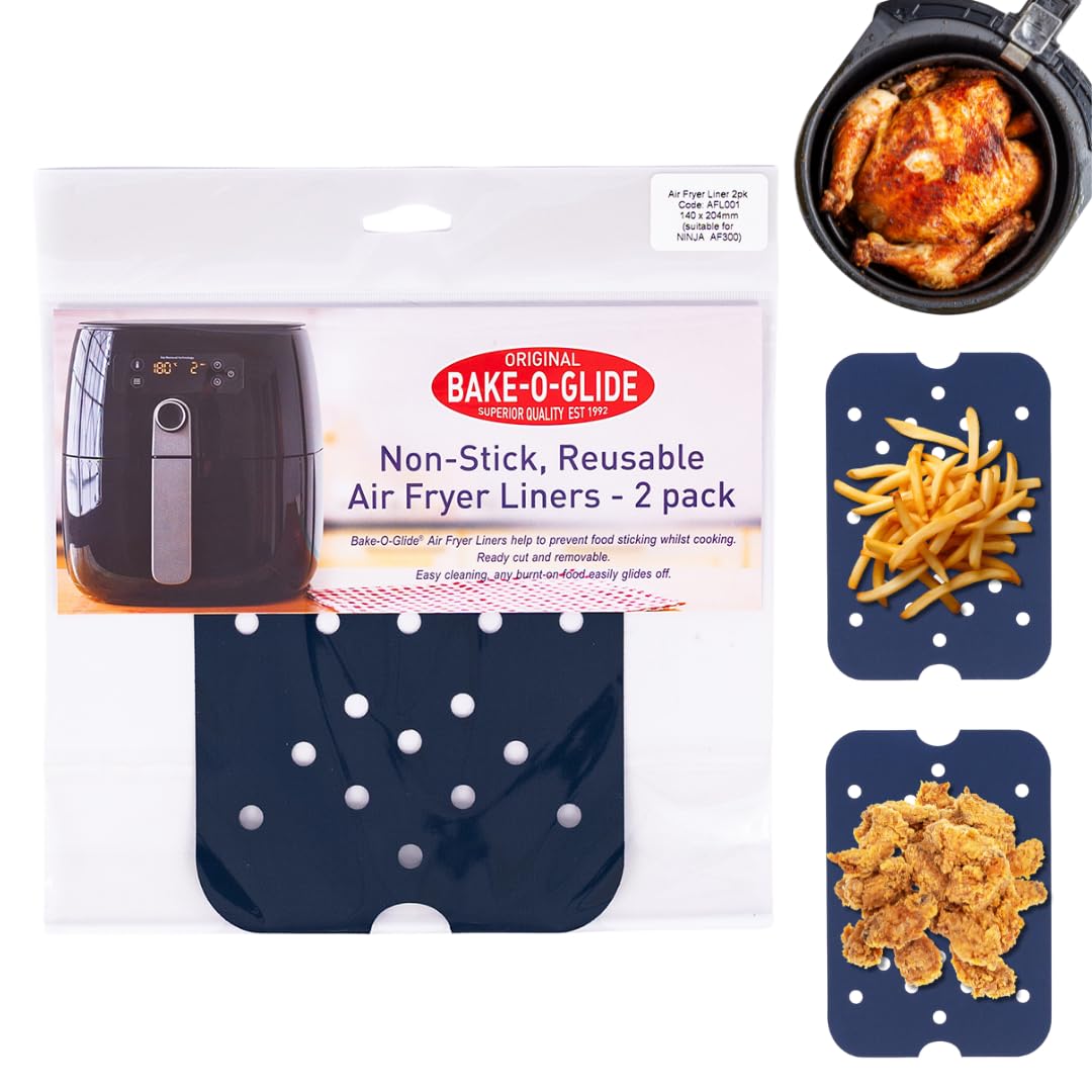 Bake-O-Glide AFL001 Non-Stick, Reusable Air Fryer Liners, 140x204mm, PTFE, Pack of 2, Suitable for Ninja Foodi (AF300), Tower, Tefal, Russell Hobbs Dual Zone Air Fryers, Food Safe, Dishwasher Safe