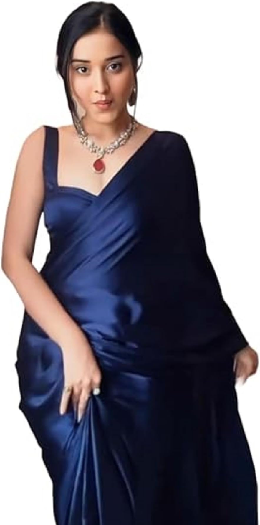 SHOPAZ Ready to Wear Women's Saree, Solid, Satin, Silk, 1 Minute, Pre-pleated, with Unstitched Blouse, One Size Fits Most, Navy Blue