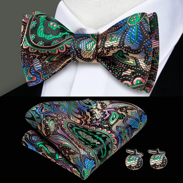 Image of Hi-Tie 5Pcs Mens Solid Color Silk Tie Satin Pretied Bowtie Lapel Pin for Men Handkerchief Cufflink Wedding Gift Box