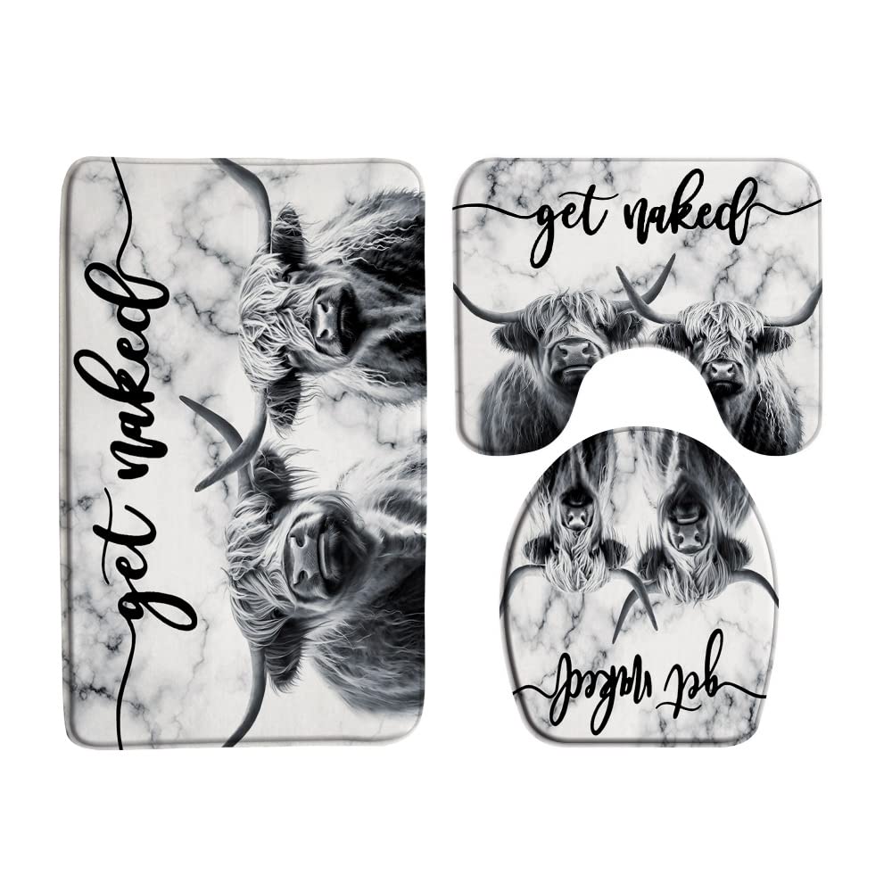 3 Piece Farmhouse Highland Cow Bath Mat Set Get Naked Western Funny Farm Animal Portrait of Longhorn Bull Rustic 17.8x29.5 Inches Bathroom Doormat Rugs,Toilet Seat Cover,U-Shaped Floor Mat