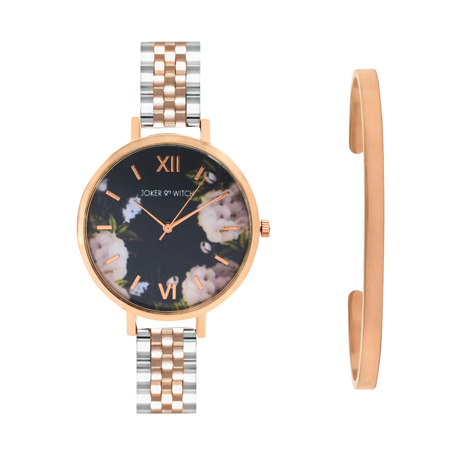 Joker & Witch Stainless Steel Women Multiflora Analog Watch Bracelet Stack, Black Dial, Silver Band (B0C7L74PPB) Amazon Price History, Amazon Price Tracker