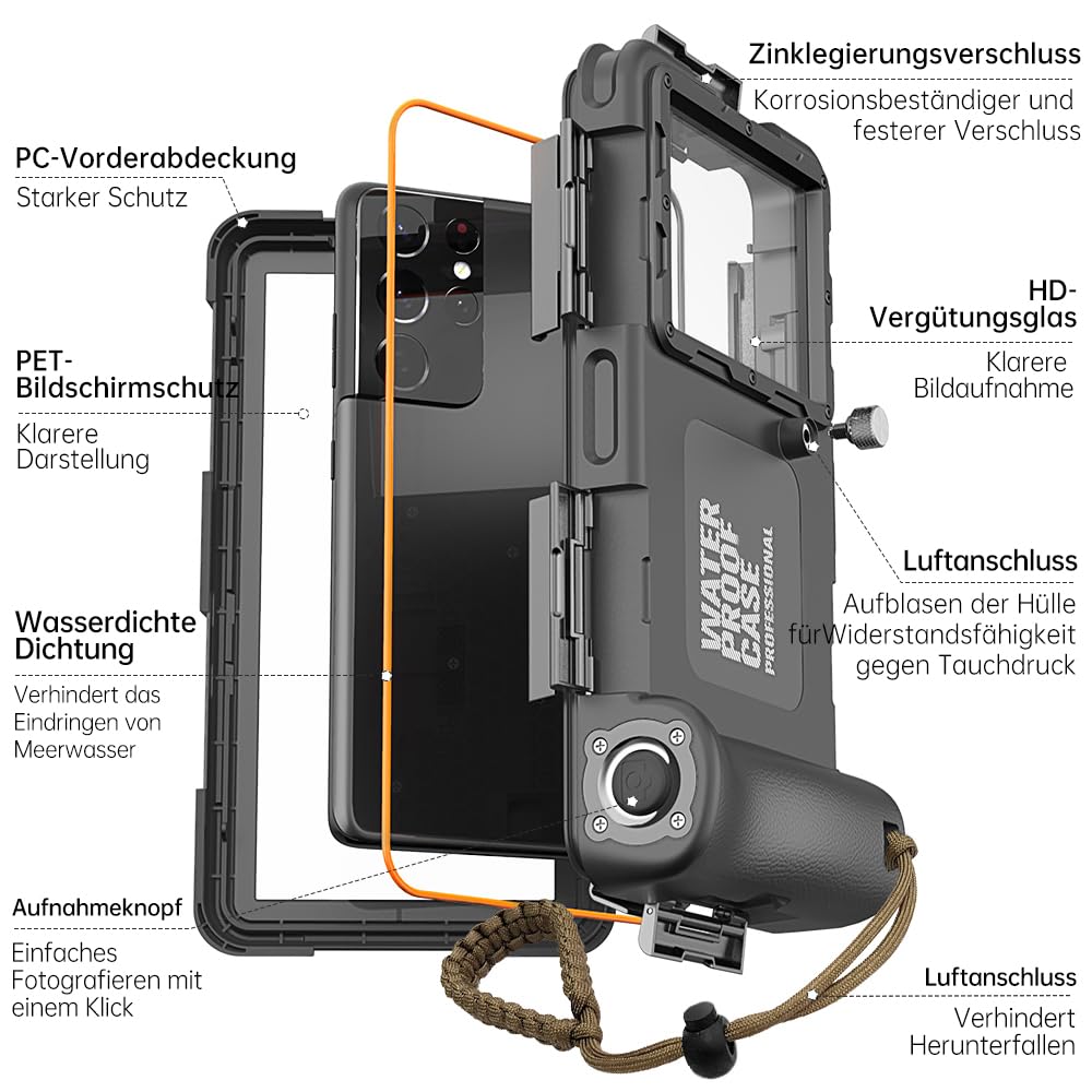 Unterwasser-Tauchgehäuse für iPhone, Samsung Galaxy, Huawei Xiaomi Redmi Smartphones, Professioneller Schutz [15m/50ft], wasserdichte Hülle für Schnorcheln, Surfen, Fotos & Videos (Schwarz)