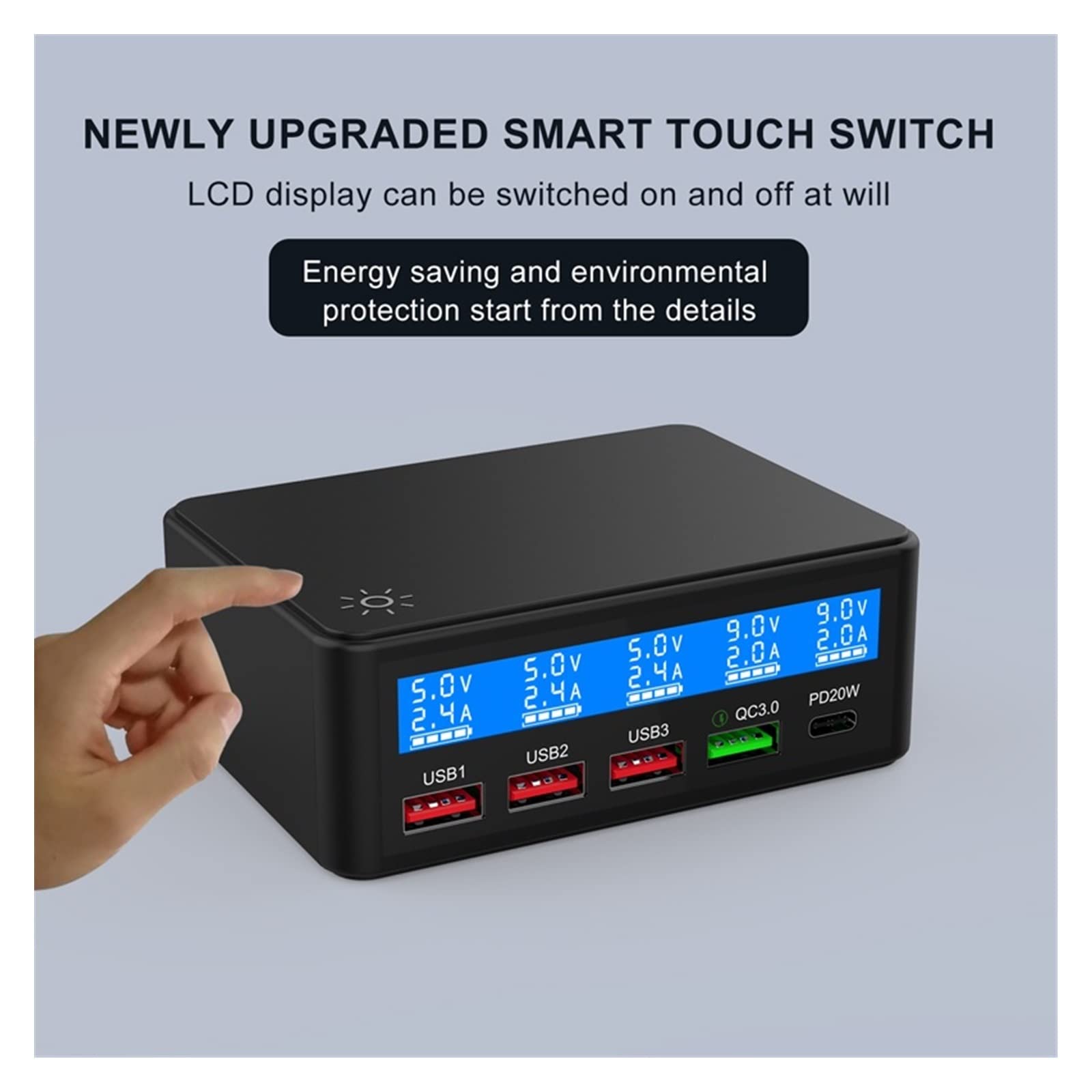 Stacja ładowania, 65W Multi 4 portowa stacja szybkiego ładowania USB, szybkie ładowanie QC3.0 PD 20W ładowarka ścienna Hub z wyświetlaczem LCD do tabletu z telefonem(Black With Cable)