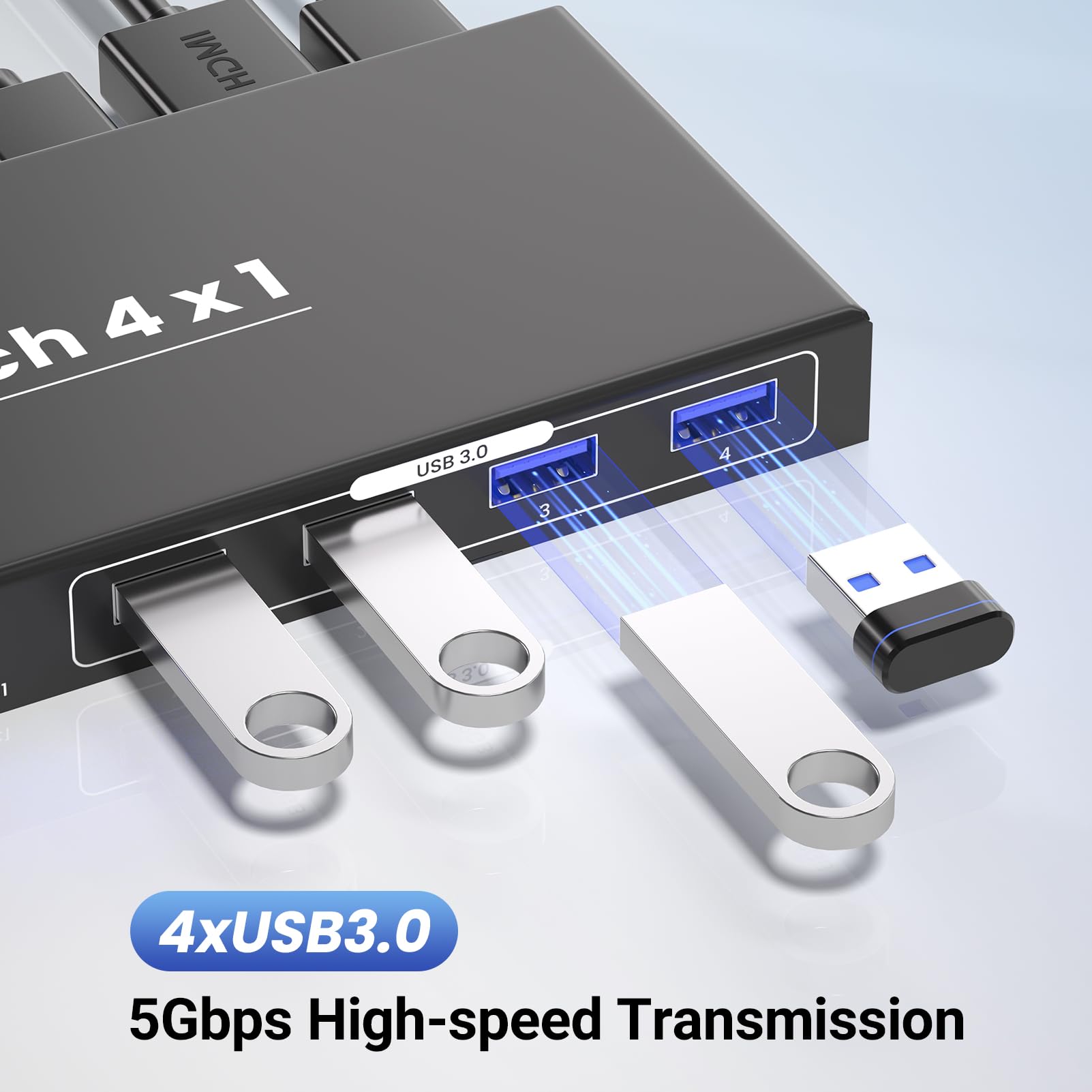 Przełącznik HDMI KVM 1 monitor 4 komputery, USB 3.0 4K / 60 Hz 4-portowy przełącznik HDMI KVM 4 PC do udostępniania 1 monitora, klawiatury, myszy i innych urządzeń USB